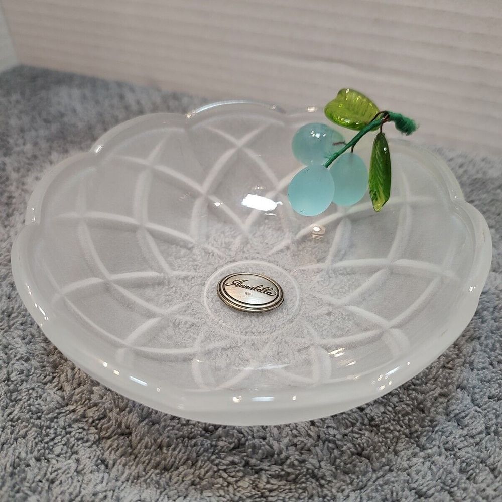 Annabella Frosted Trinket Bowl Glass Fruit Green Glass Leaves Pewter Name tag - Picture 2 of 8